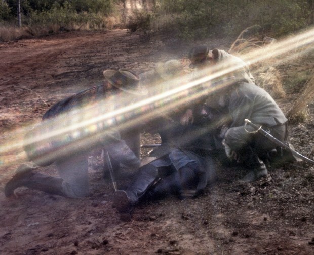 Detail of pinhole image of the reenactment of Stonewall's wounding in Spotsylvania County, Va 2013