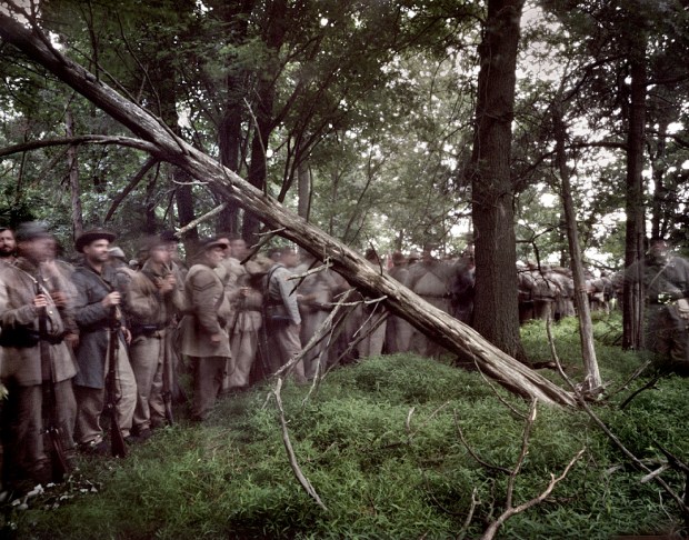 Confederate troops deploy in the woods and wait for the battle to come. Gettysburg, Pa. 2013