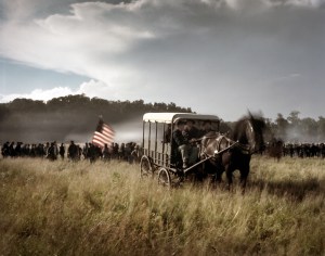 Horse drawn ambulance in the field during a reenactment of the Battle of Gettysburg. 2013