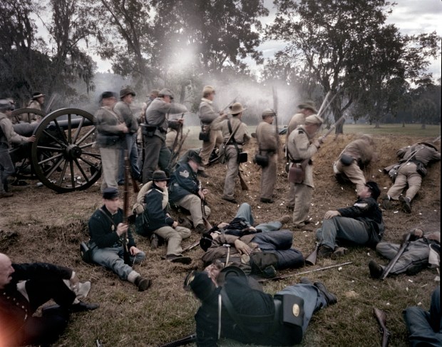 Union reenactors lie in the parapet of Fort Wagner as the battle rages at Boone Hall Plantation, SC 2013
