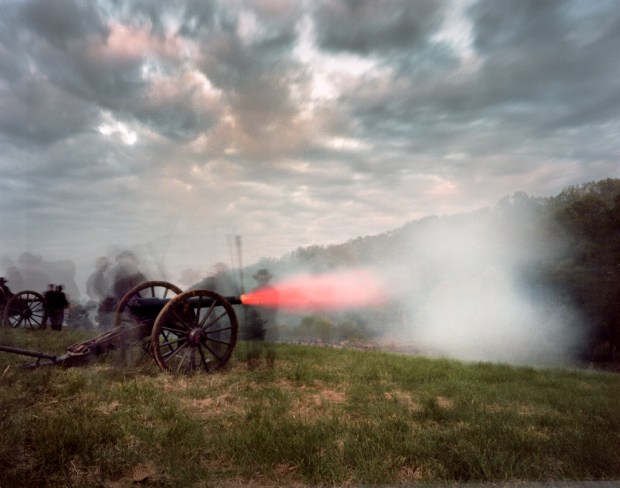 Cannons fire in a reenactment at Spotsylvania Courthouse Virginia 2014