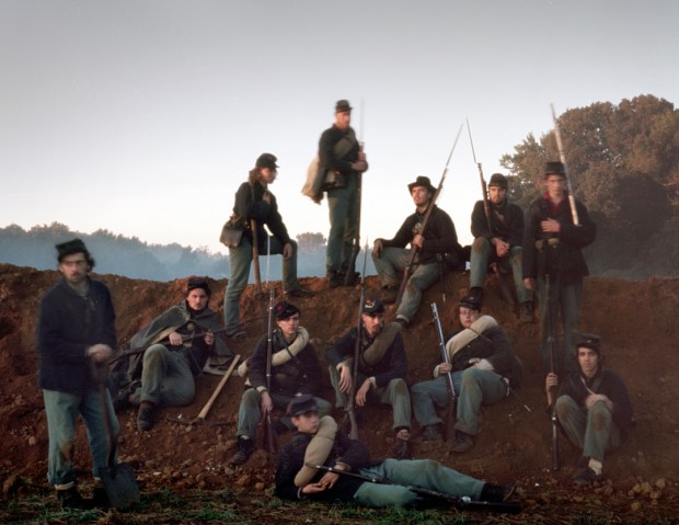 Union reenactors line the parapet of a reconstructed Fort Harrison in Henrico, Virginia 2014