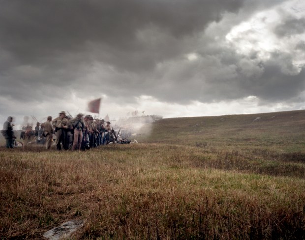 Confederate battle flags undulate with a snaking battle line at Cedar Creek, Va 2014
