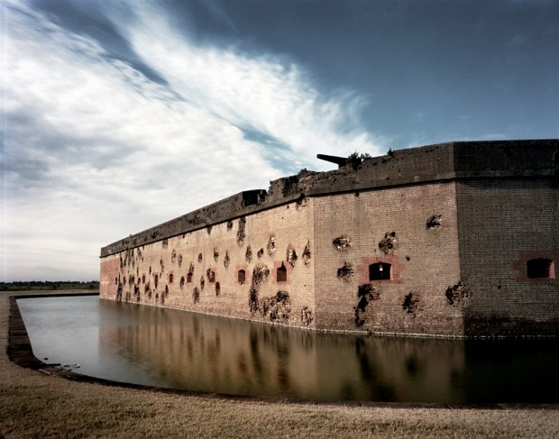 The pock-marked exterior of Fort Pulaski. Situated on the Savannah River the fort was bombarded and captured by Union troops in 1862