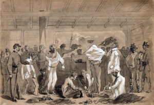 Liberated Union POWs aboard a US Navy ship discard their rags for new clothing under the stars and stripes. 